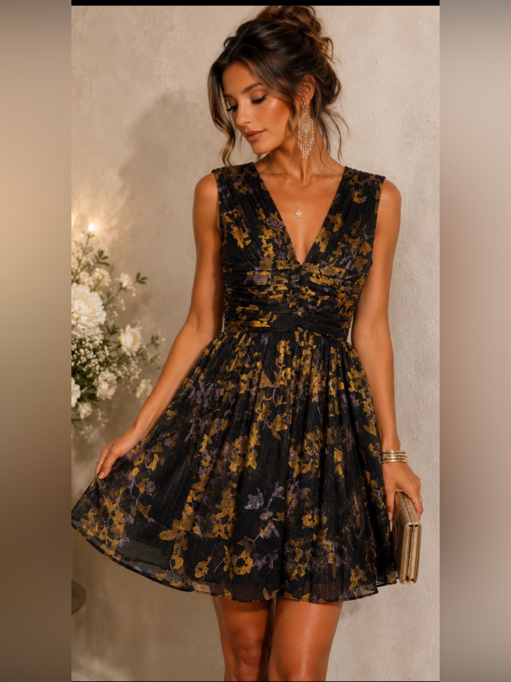 Dress the Population - Floral Metallic Pleated V Neck Dress